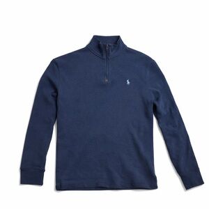 Polo Ralph Navy Blue Cotton Knit 1/4 Zip Mock Neck Logo Men's Sweater